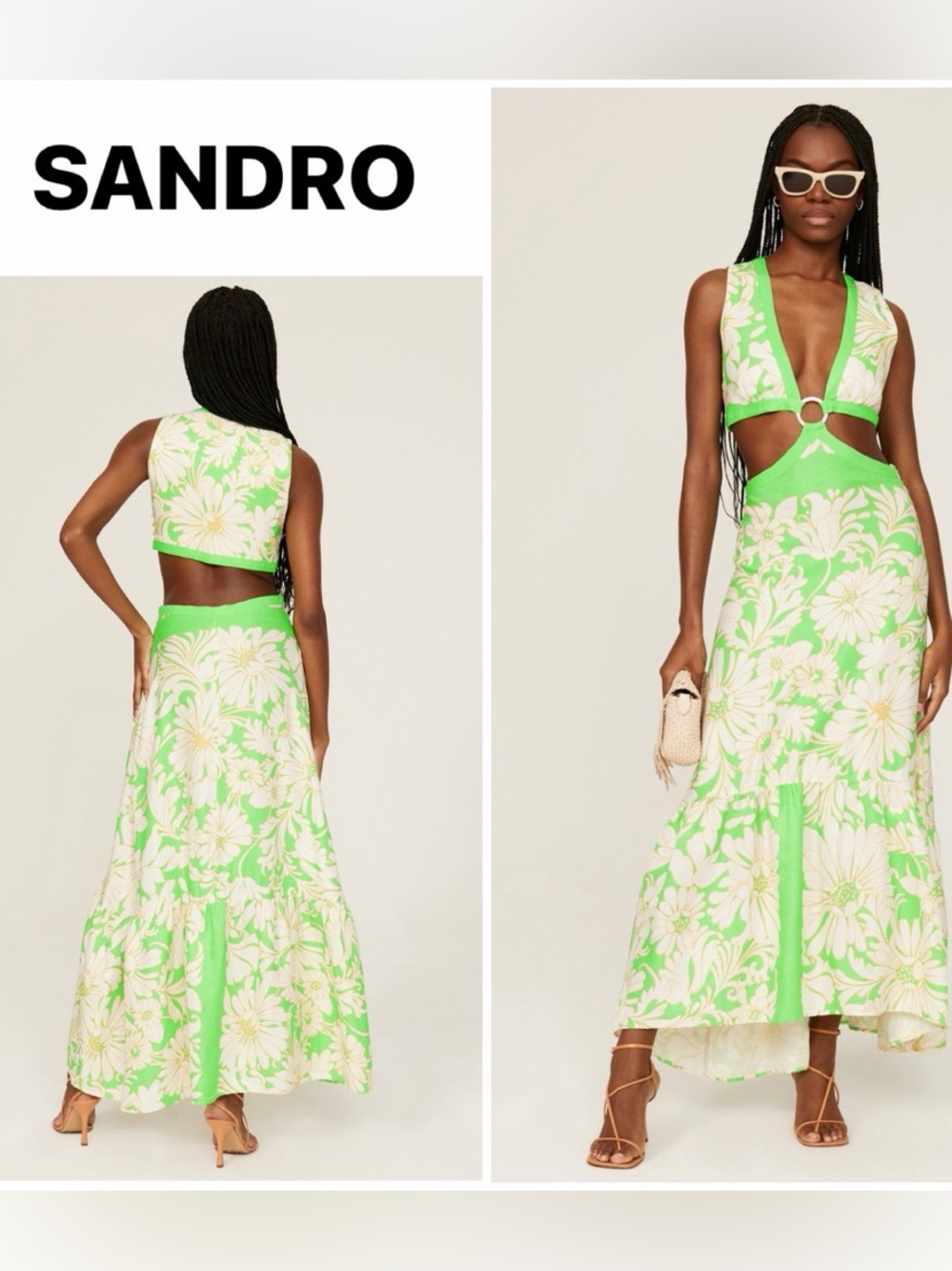 Sandro Lime Green and White Floral Ring-Front High-Low Maxi Dress